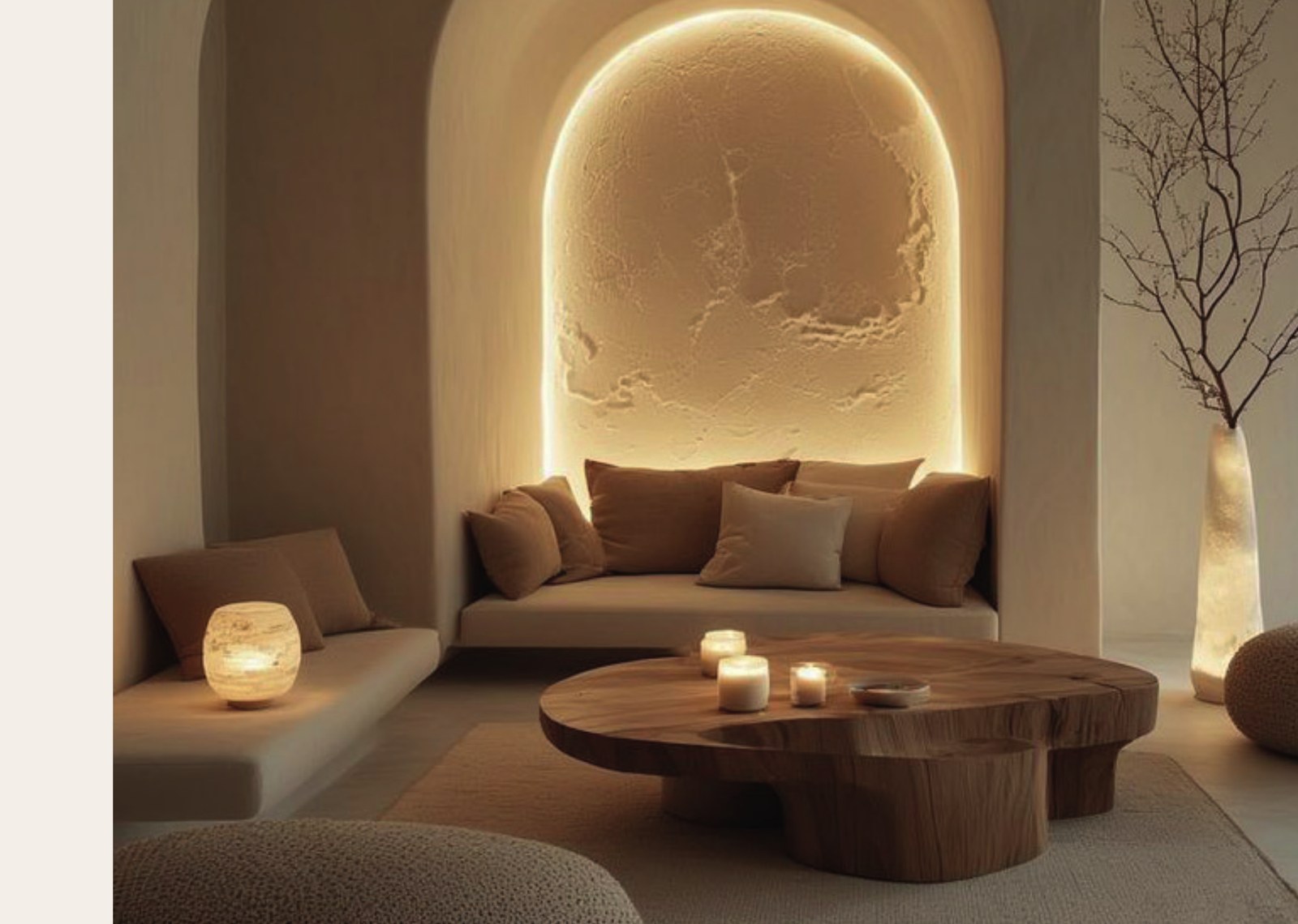 The studio — warm minimal interior with arch lighting and natural materials.