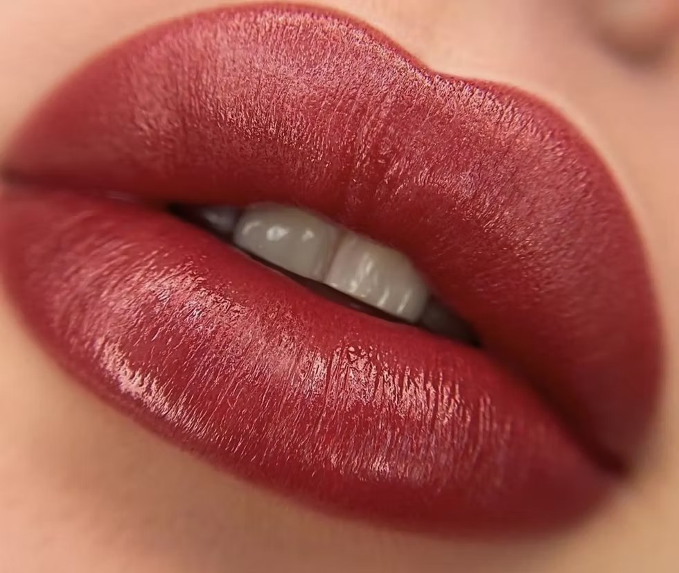Close-up of natural lips with a soft blush of color, deep rose tone.